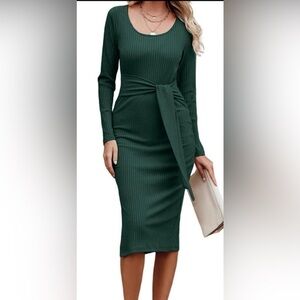 Ribbed Knit Midi Wrap Dress With Tie Waist & Square Neck Green